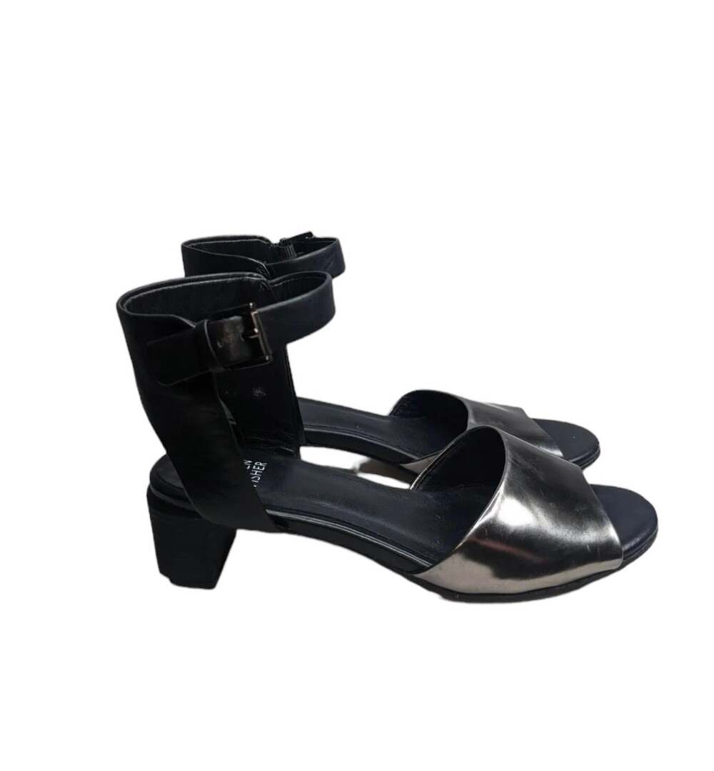 Eileen vm Fisher Vero Cuoio Black Metallic Silver Buckle Leather Sz 8.5 Sandal C